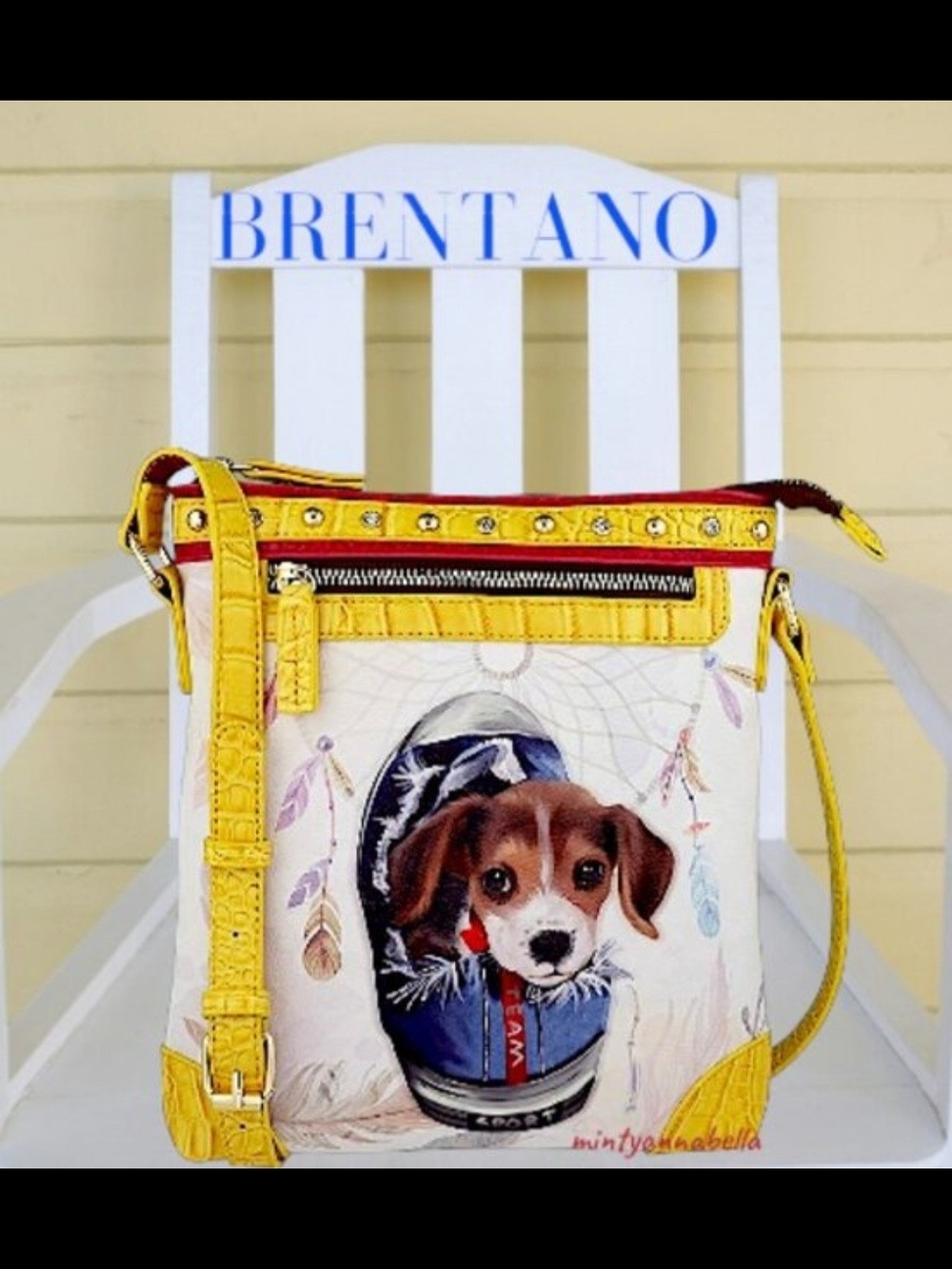 Brentano Yellow Puppy Print Crossbody Bag